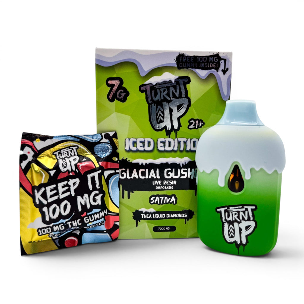Dr. Wonderstone Turnt Up Iced Edition Glacial Gushrz 7g THCa disposable vape with a bonus 100mg THC gummy packet.