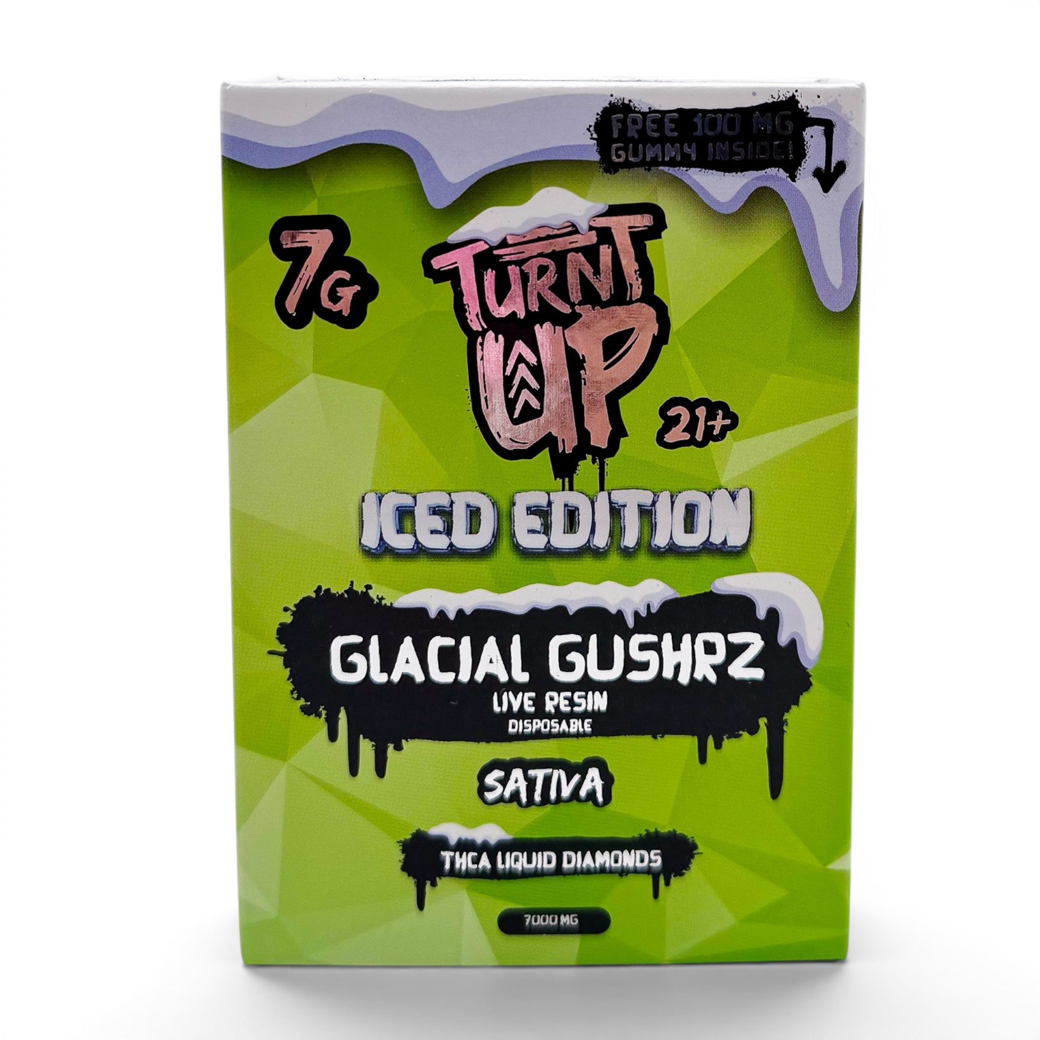 Dr. Wonderstone Turnt Up Iced Edition Glacial Gushrz 7g THCa live resin disposable vape box with free gummy included.