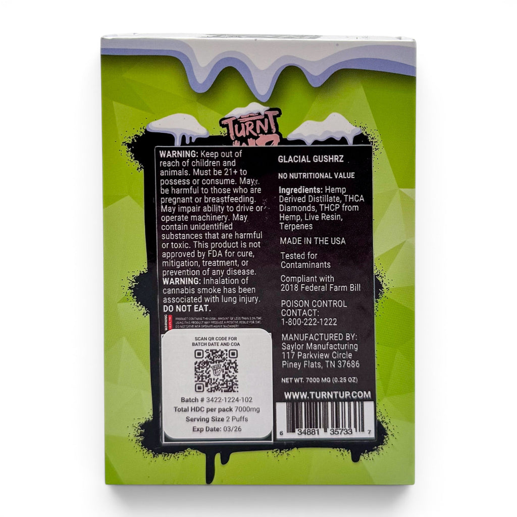 Dr. Wonderstone Turnt Up Iced Edition Glacial Gushrz THCa disposable vape packaging back view with product information
