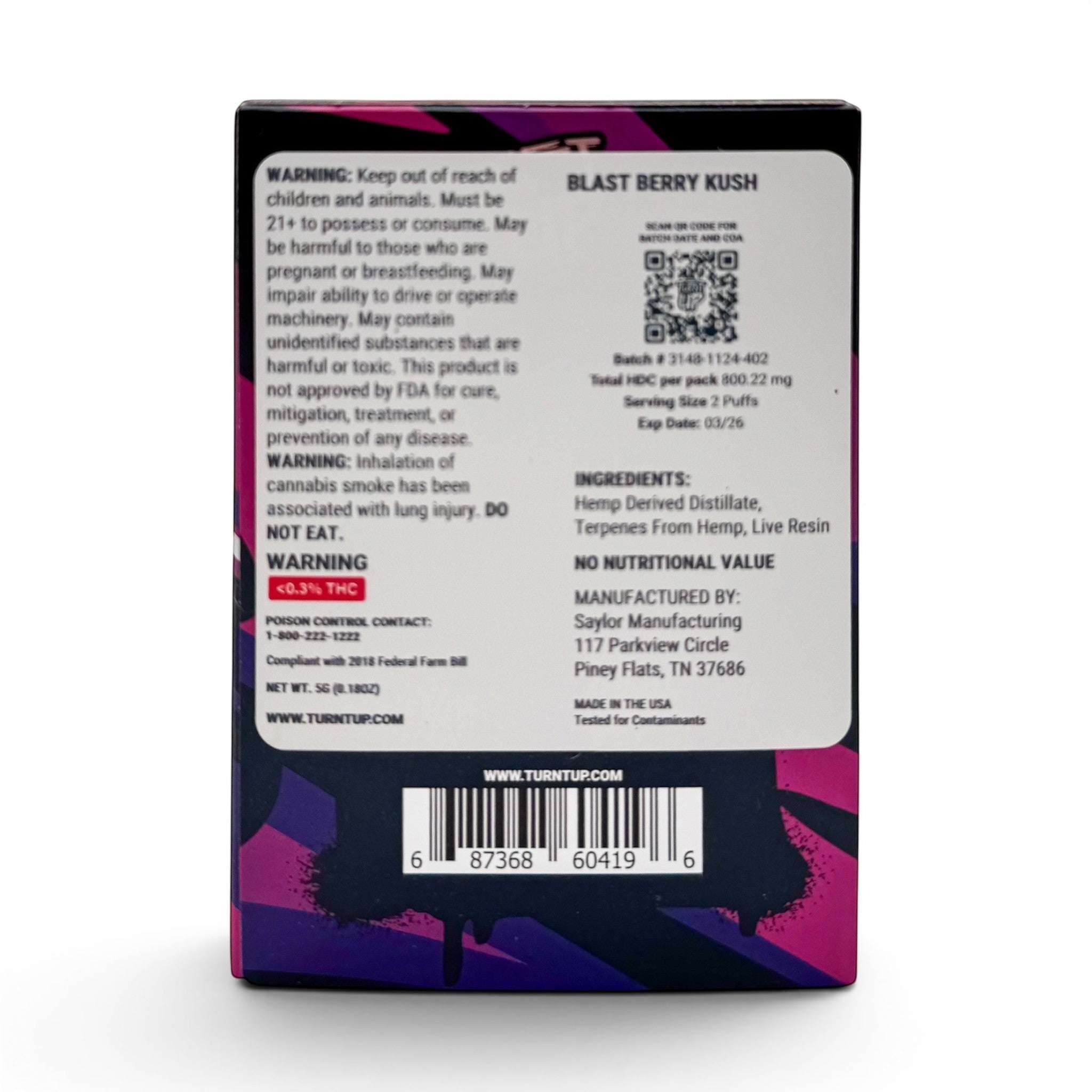 Dr. Wonderstone Turnt Up Blast Berry Kush 5g disposable vape packaging back view with ingredients and warning labels