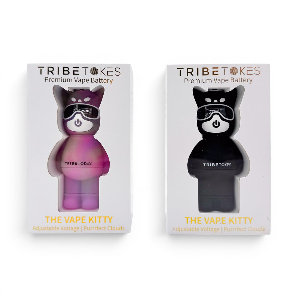 Dr. Wonderstone TribeTokes Vape Kitty 510 batteries in rainbow and black packaging with cat-shaped design.