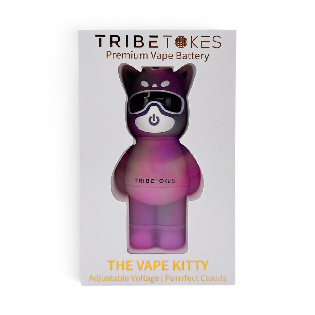 Dr. Wonderstone TribeTokes The Vape Kitty 510 battery in rainbow finish with adjustable voltage and cat-shaped design.