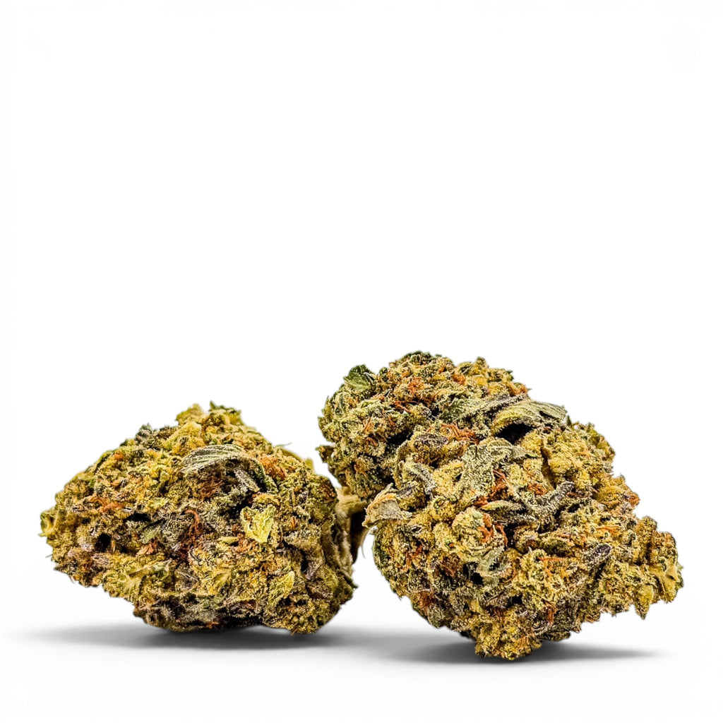 Dr. Wonderstone Wedding Cake THCa flower buds with crystal-dusted green and orange textures on a white background.