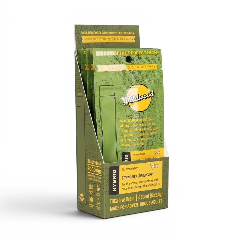 Dr. Wonderstone Wildwood 2g THCa liquid diamond disposable vape display box containing five strawberry cheesecake units.