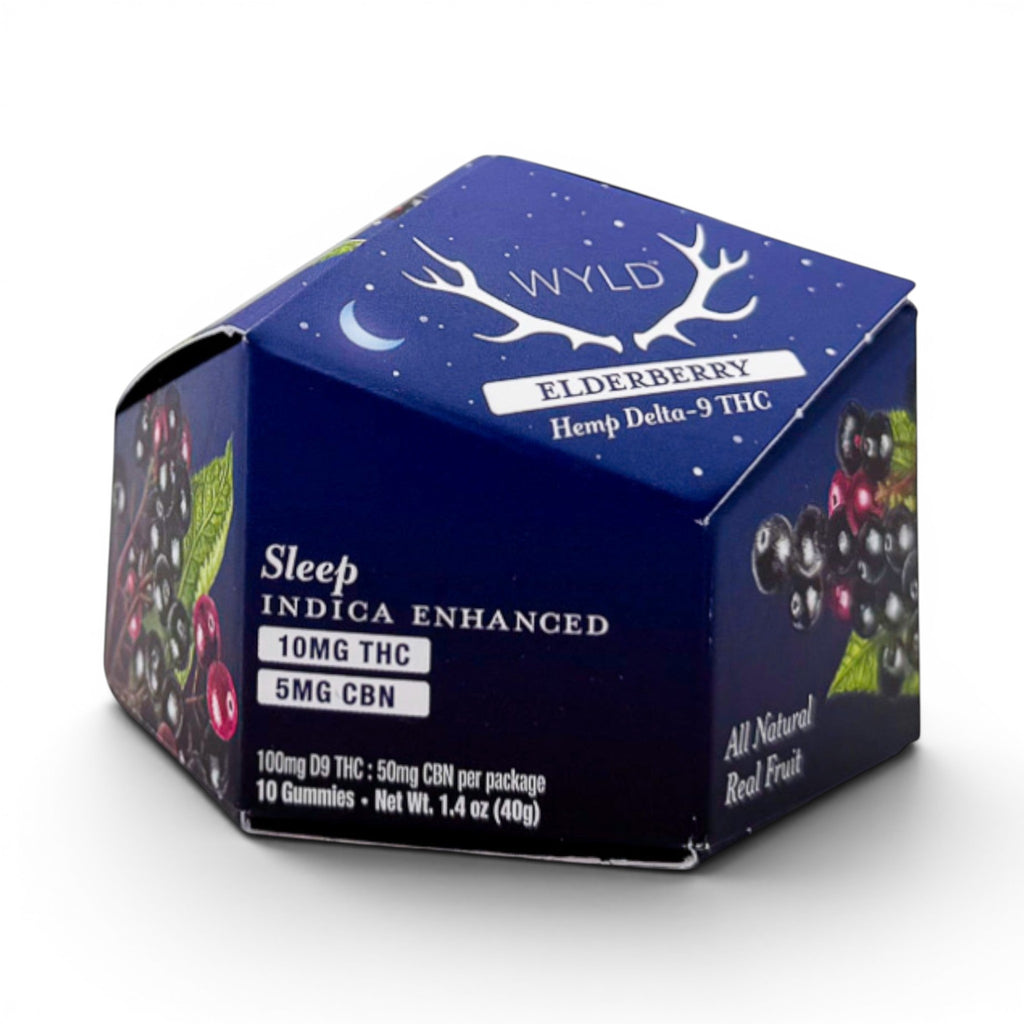 Dr. Wonderstone Wyld Elderberry THC and CBN sleep gummies in a blue hexagonal box with fruit illustrations.
