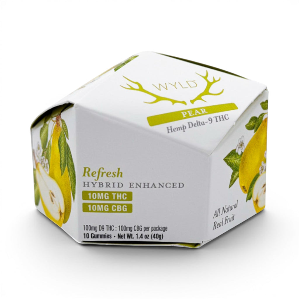 Dr. Wonderstone WYLD Pear Hybrid Delta 9 THC and CBG gummies in a hexagonal white box with pear illustrations.