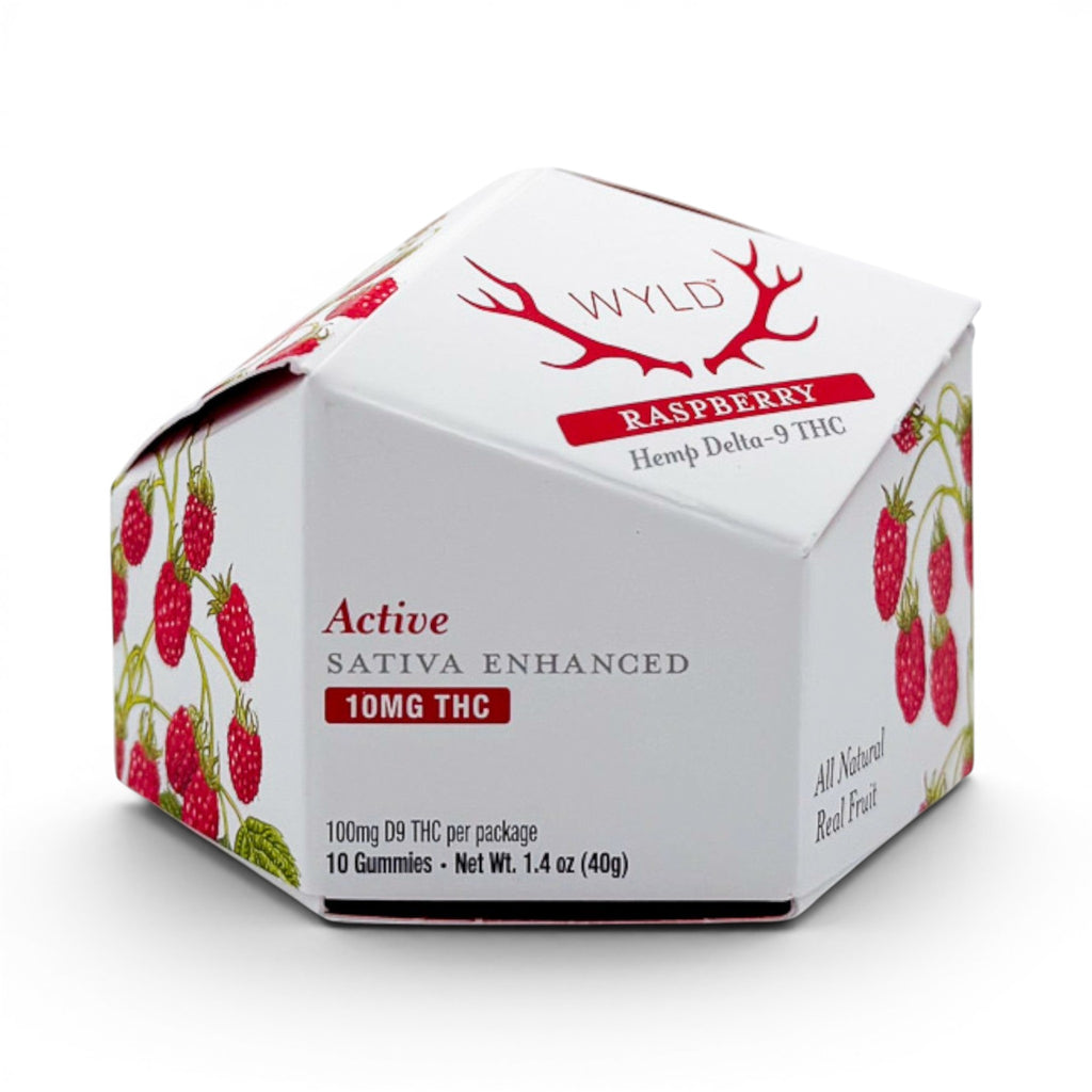 Dr. Wonderstone Wyld Raspberry Sativa Delta 9 THC gummies in a hexagonal box with red raspberry illustrations.